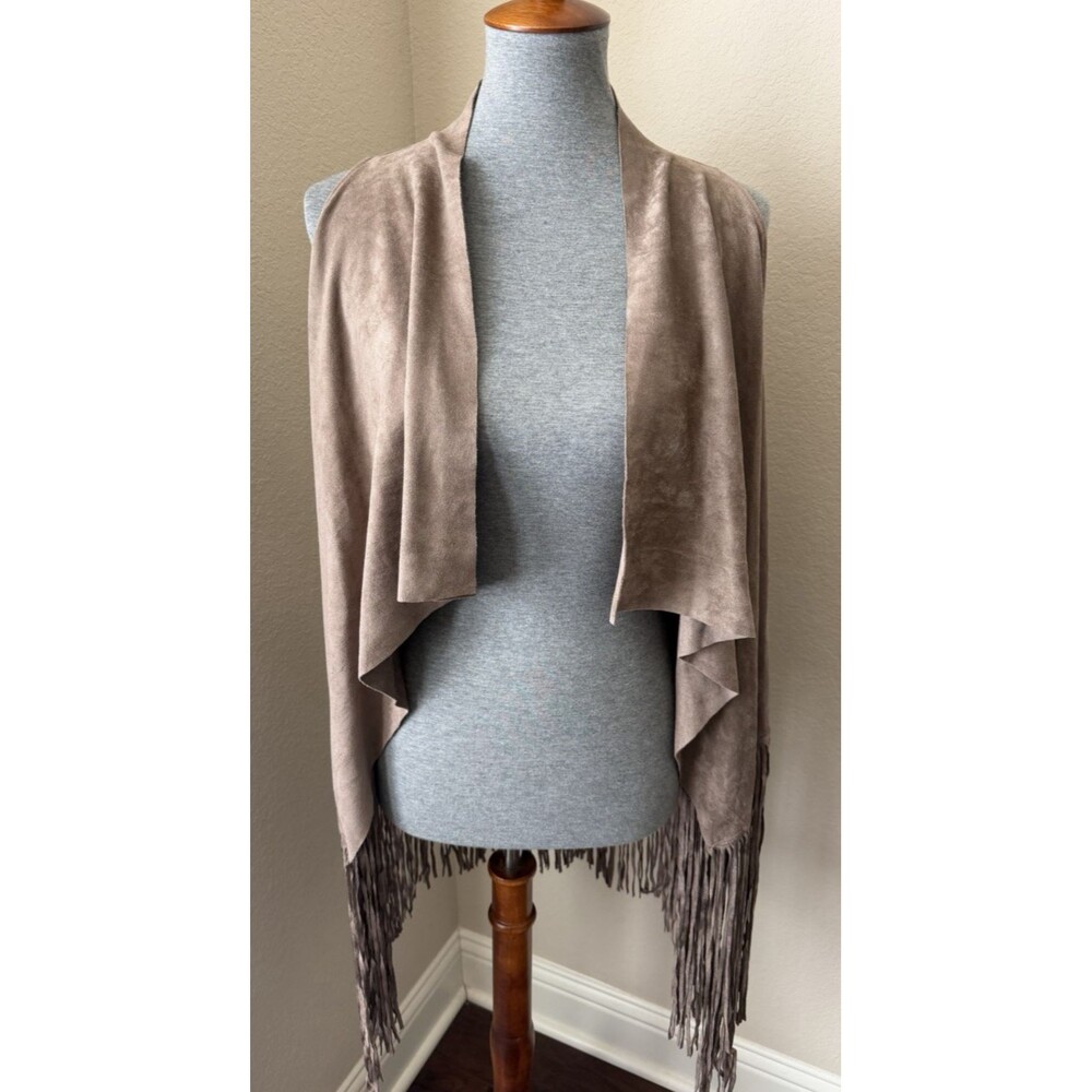 Do Everything in Love One Size Taupe Faux Suede Draped Open Front Fringe Vest